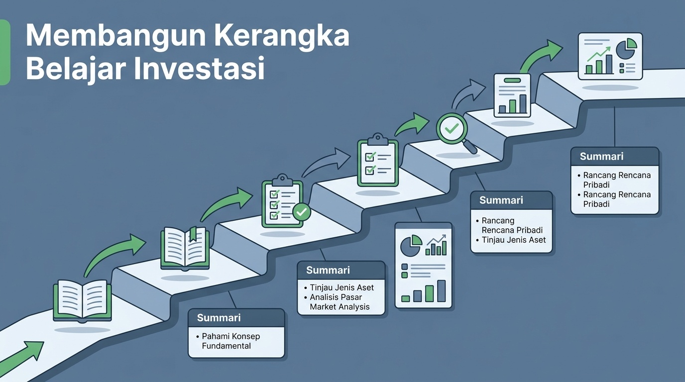 Ilustrasi catatan bertingkat yang menggambarkan tahapan menyusun rencana belajar keuangan