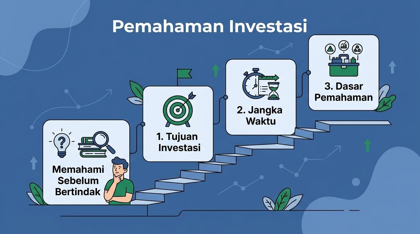 Meja kerja dengan catatan dan grafik sederhana yang menggambarkan proses membangun pemahaman investasi dasar